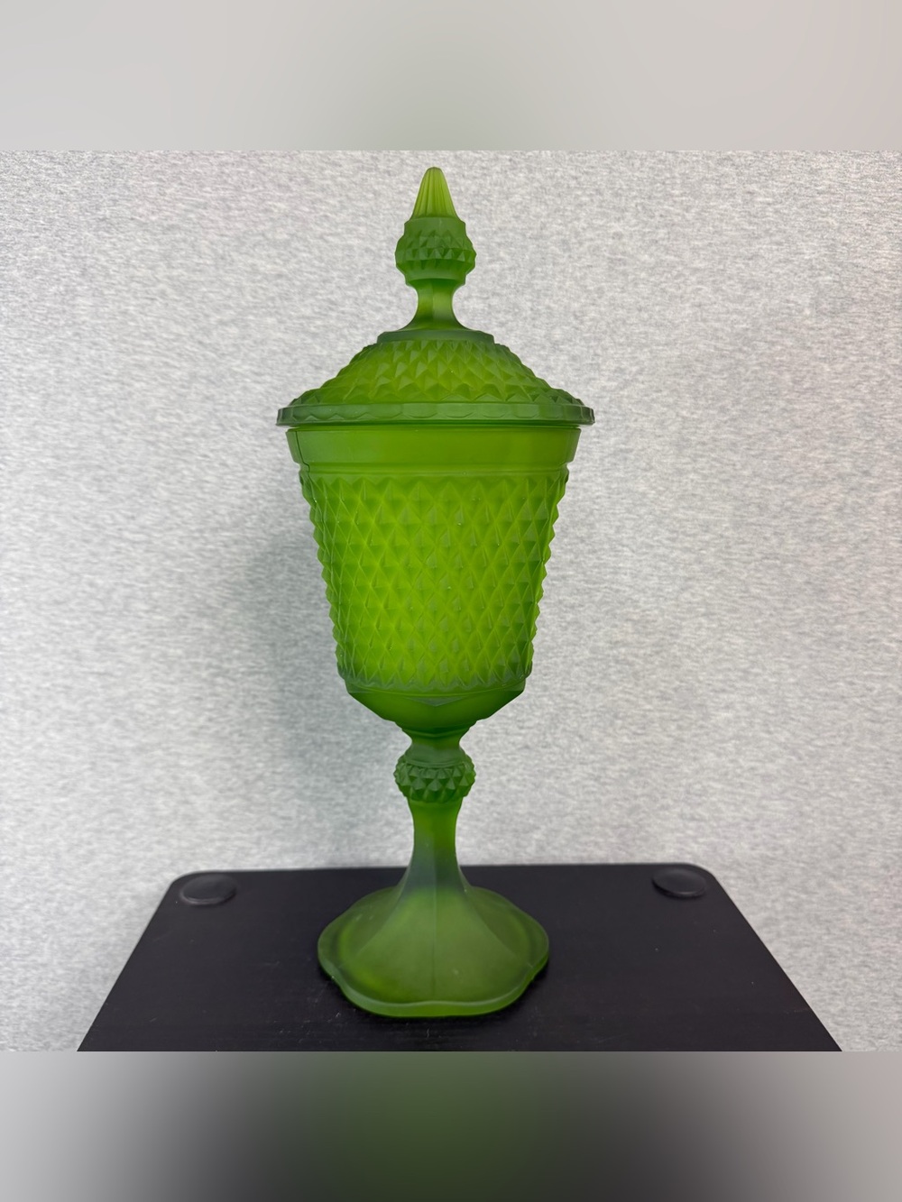 Vintage Indiana glass Diamond Point Apothecary Jar Satin Frosted Lime Green 15”
